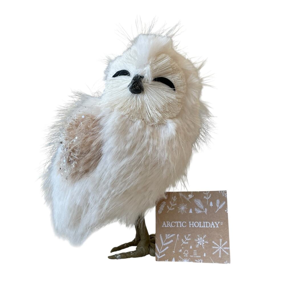 Arctic Holiday Furry Feathery White Owl Figurine 6x9 Holiday Decor NEW